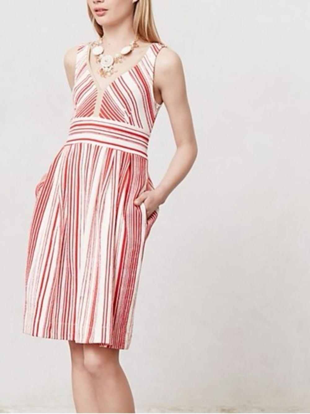 Anthropologie Red & White Striped V‑Neck Midi Dress